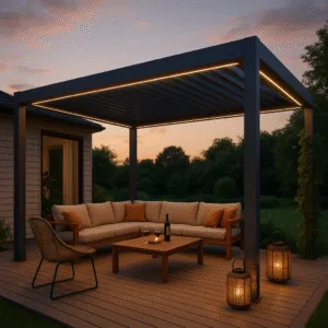 Nowoczesna pergola z oświetleniem LED na drewnianym tarasie o zmierzchu.